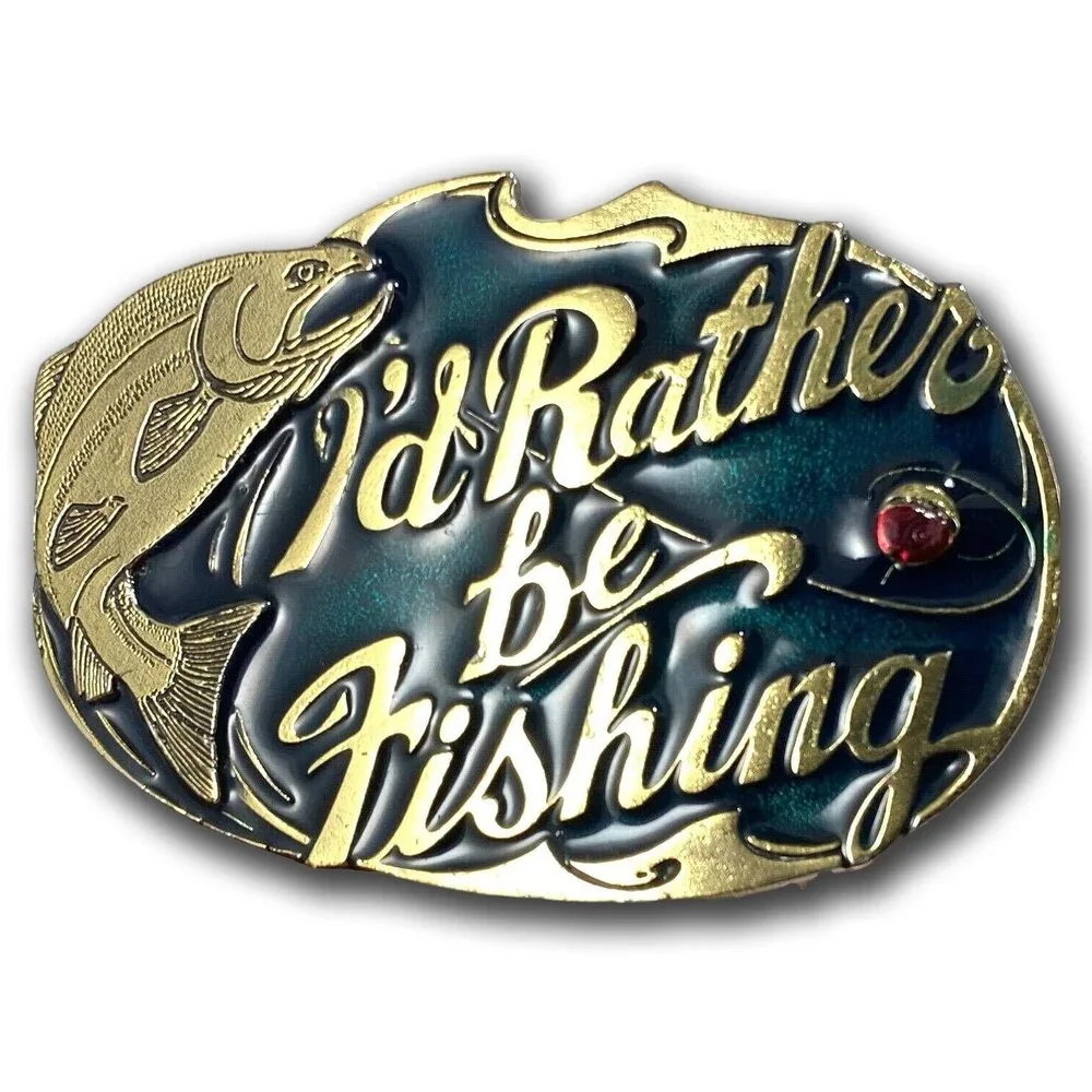 Vintage Belt Buckle Solid Brass 1985 I'd Rather‎ Be Fishing Bass Fish USA Made